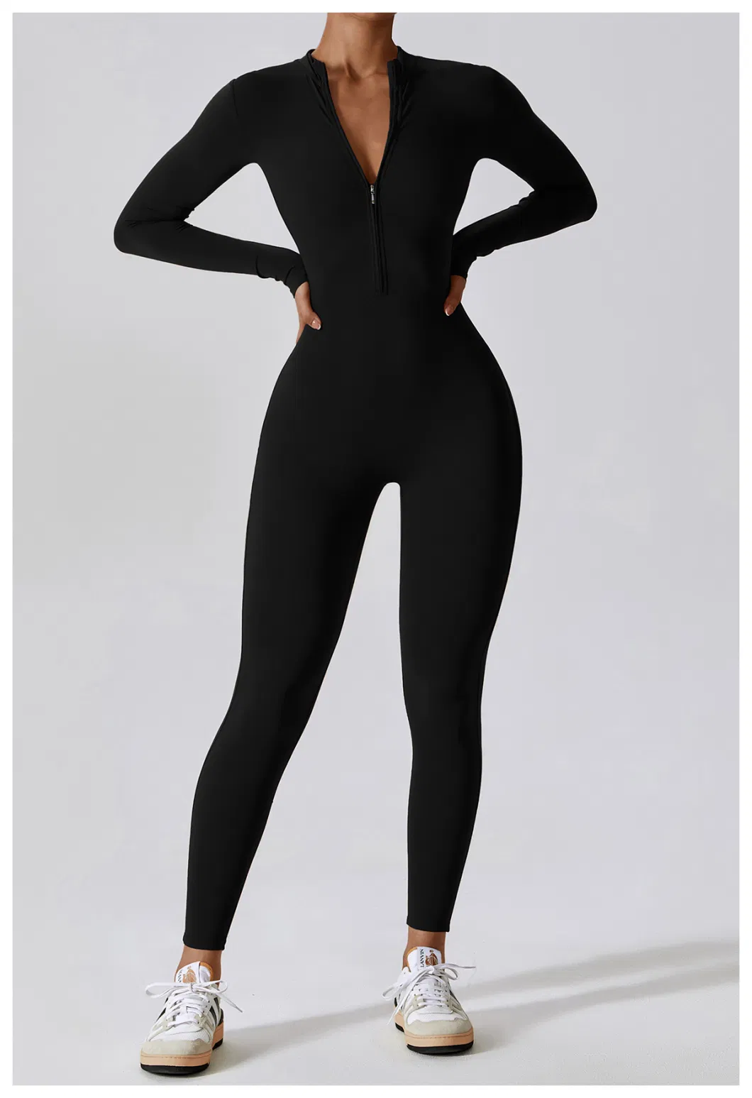 Factory Wholesale Long Sleeve Zip up Full Length Romper Playsuit Bodycon Unitard One Piece Yoga Workout Fitness Jumpsuit