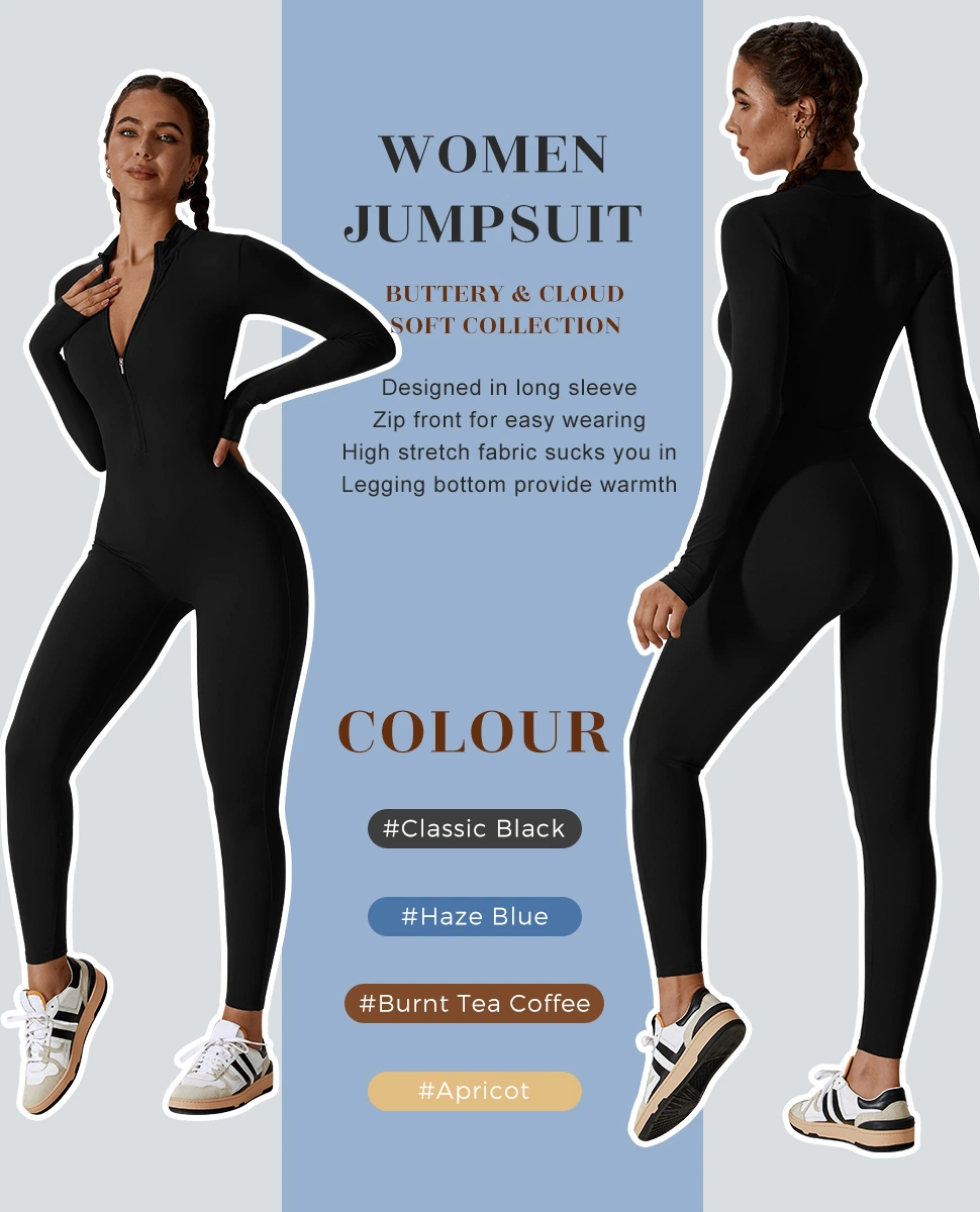 Factory Wholesale Long Sleeve Zip up Full Length Romper Playsuit Bodycon Unitard One Piece Yoga Workout Fitness Jumpsuit