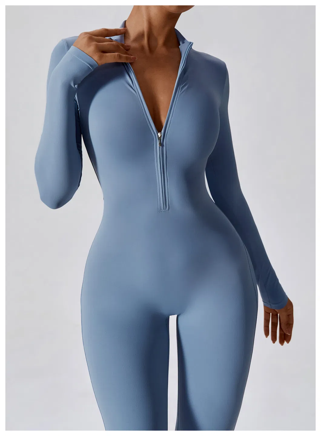 Factory Wholesale Long Sleeve Zip up Full Length Romper Playsuit Bodycon Unitard One Piece Yoga Workout Fitness Jumpsuit