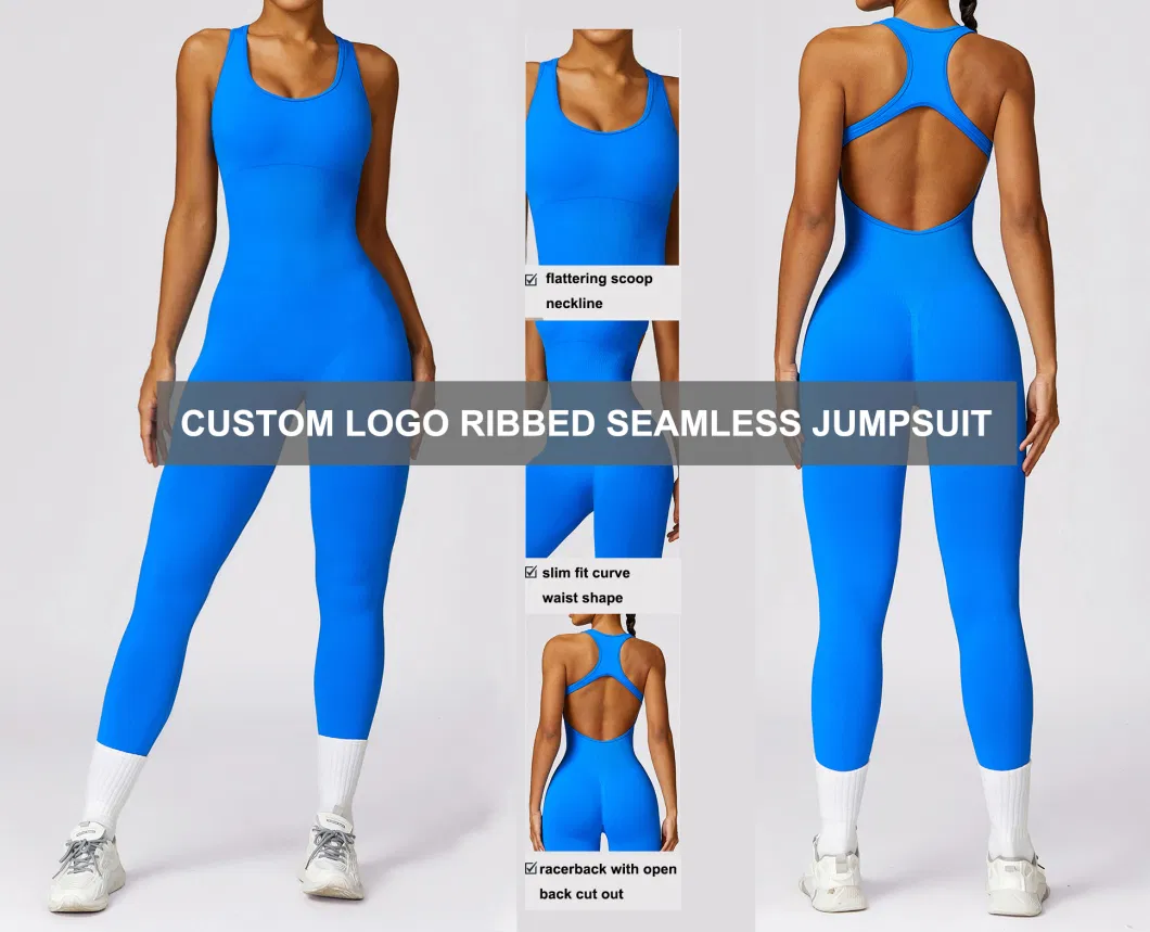 Customized Logo Women&prime;s Yoga Ribbed One Piece Tank Tops Rompers Sleeveless Workout Bodysuits Exercise Jumpsuits