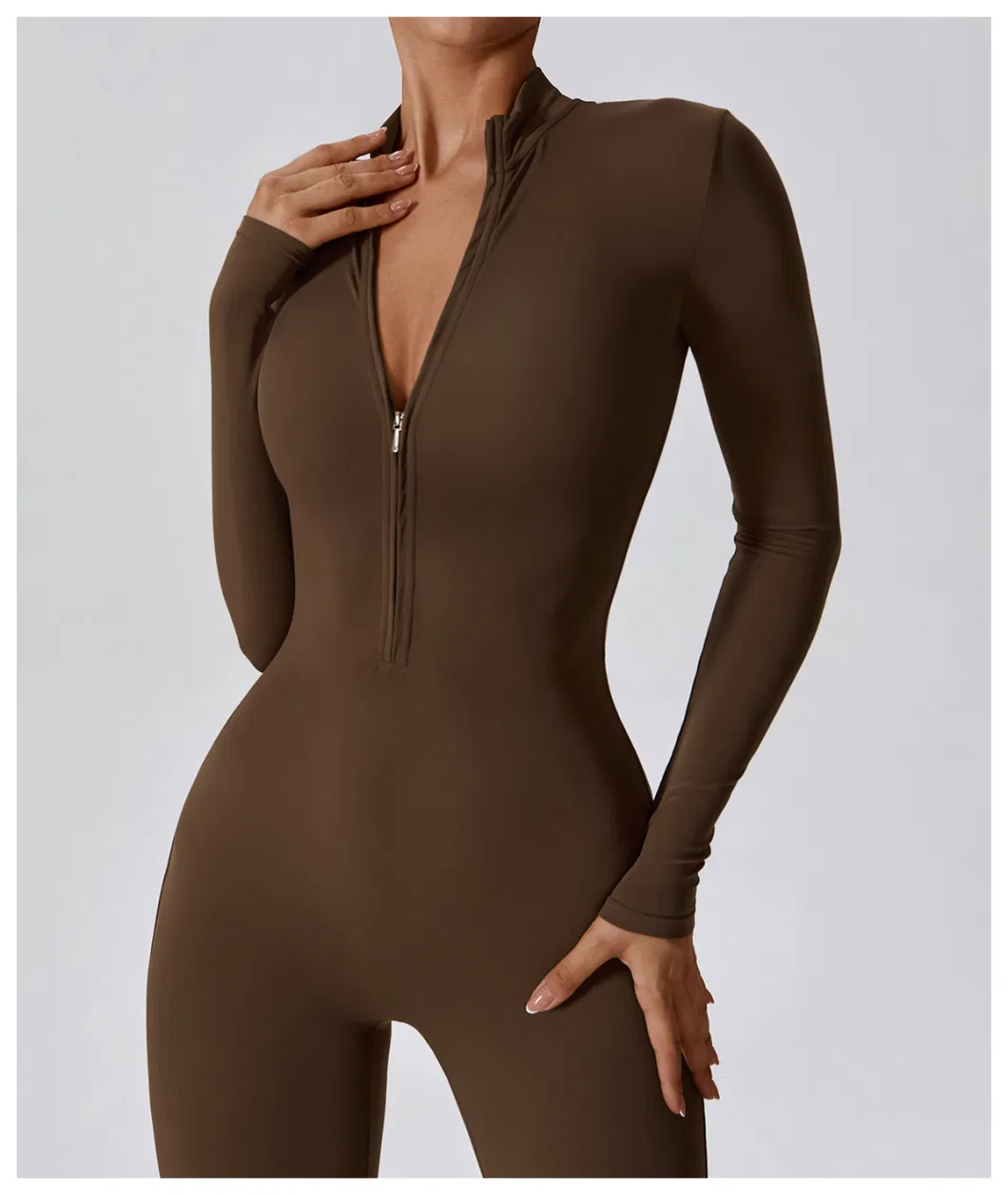 Factory Wholesale Long Sleeve Zip up Full Length Romper Playsuit Bodycon Unitard One Piece Yoga Workout Fitness Jumpsuit