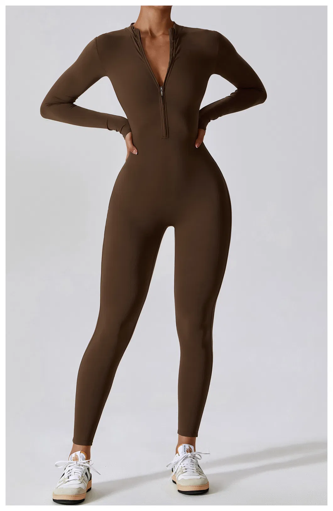 Factory Wholesale Long Sleeve Zip up Full Length Romper Playsuit Bodycon Unitard One Piece Yoga Workout Fitness Jumpsuit