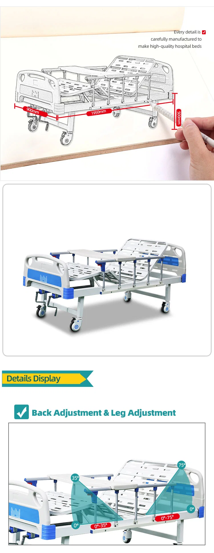 New Style Manual Hospital Bed 2 Crank Medical Bed Big Stock