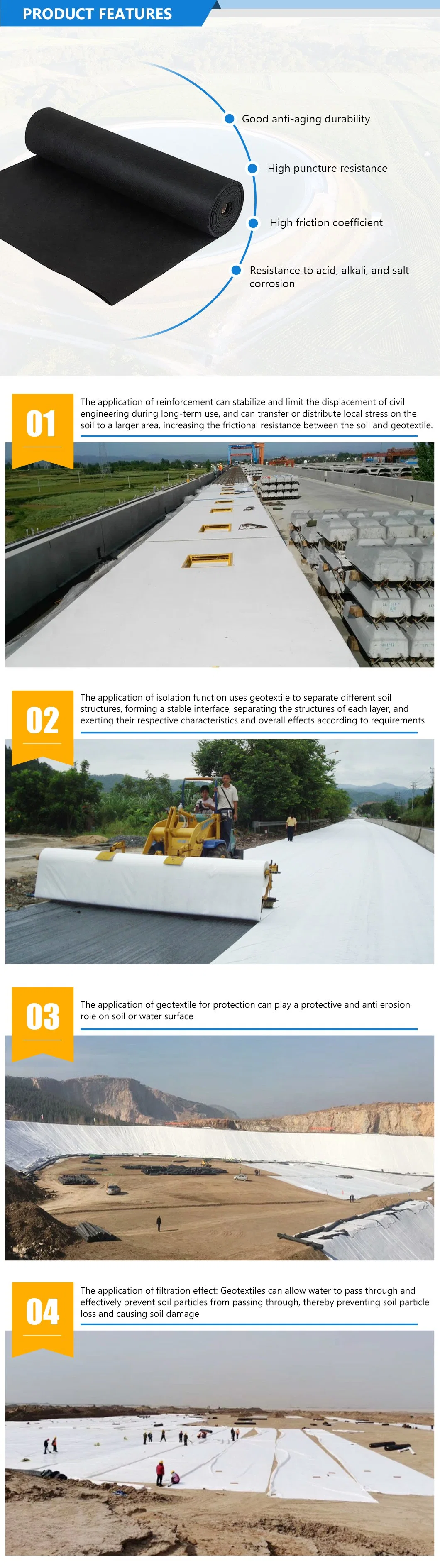 Acupuncture PP Short Filament Non-Woven Geotextile Highway Engineering Filter Drainage Protection Reinforced Non-Woven Fabric