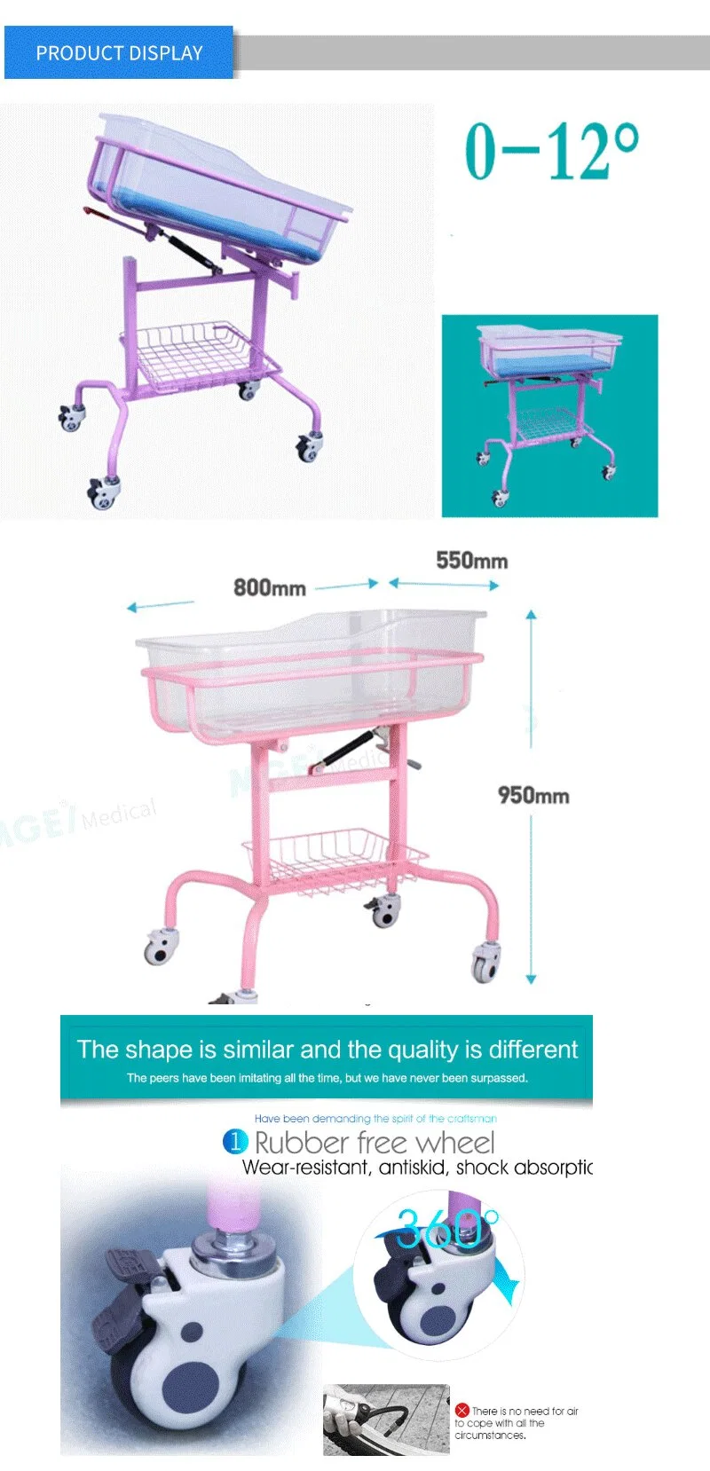 Hospital Furniture Plastic Material Hydraulic Adjustable Newborn Medical Baby Cot Bed
