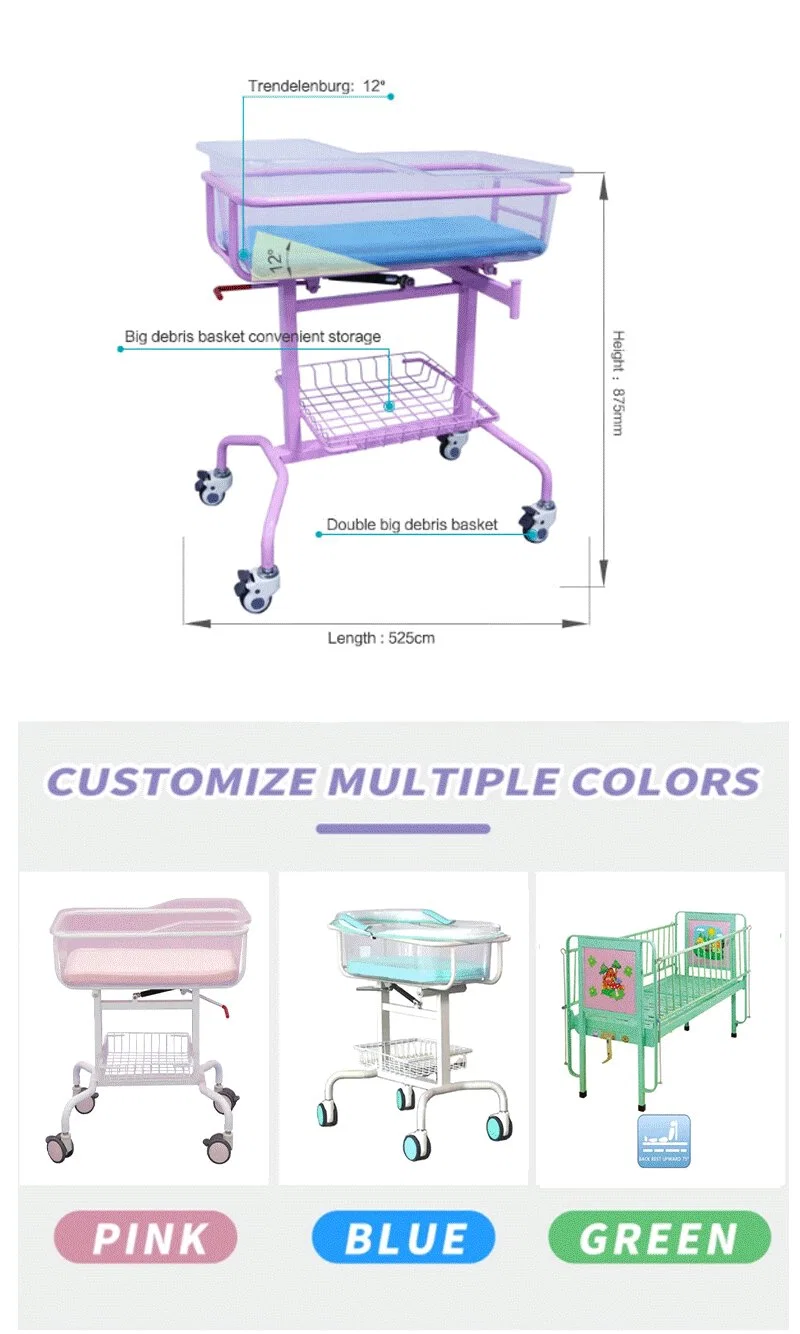 Hospital Furniture Plastic Material Hydraulic Adjustable Newborn Medical Baby Cot Bed