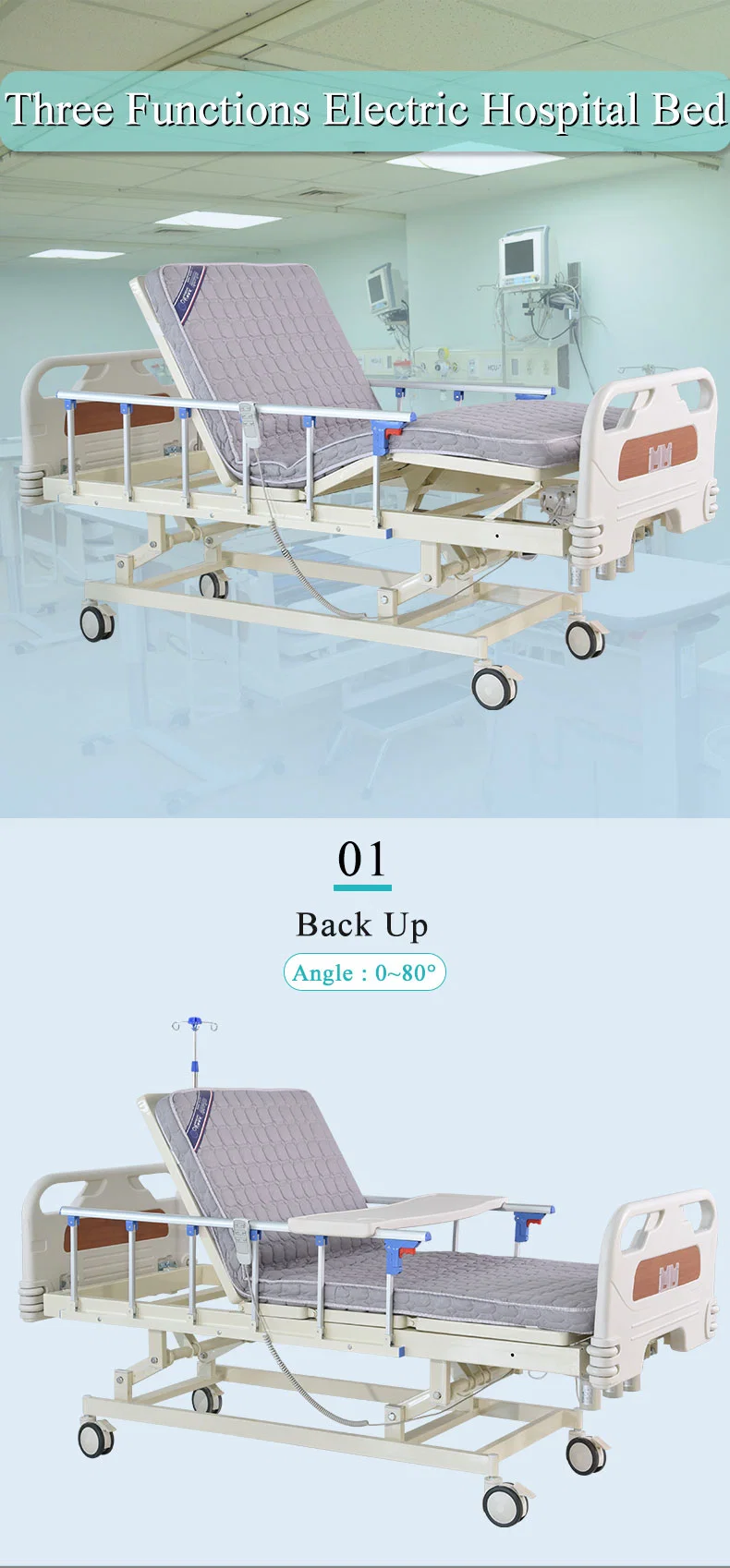 Big Stock High Quality Height Adjustable 3 Function Electric Medical Hospital Bed for Mobile Hospitals