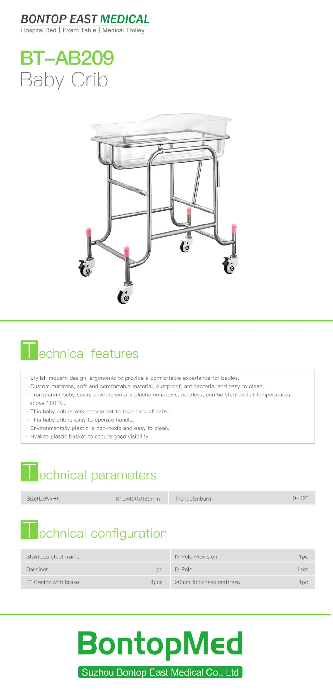 Hospital Medical Stainless Steel Infant Neonatal Baby Cribs Bed