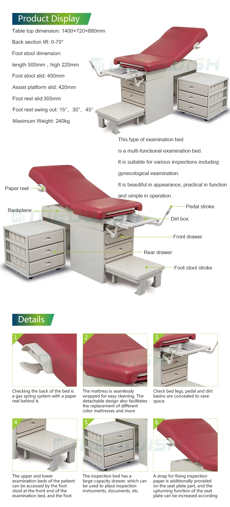 Hospital Equipment Drawers Gynecological Examination Bed Medical Gynecology Examination Table