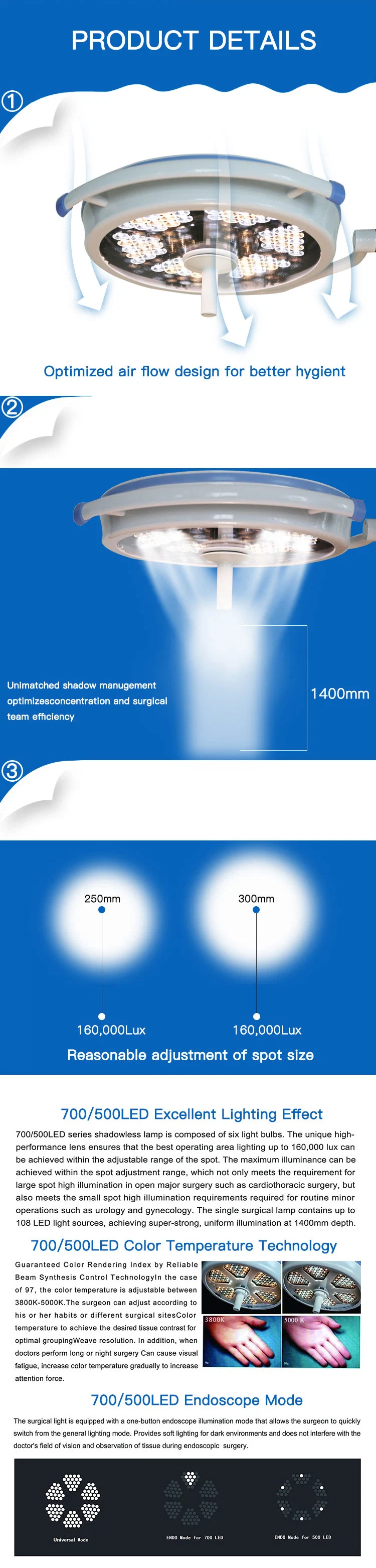 7 Hours DC Rechargeable Emergency LED Lighting Shadowless Surgical Lamp (700E LED)