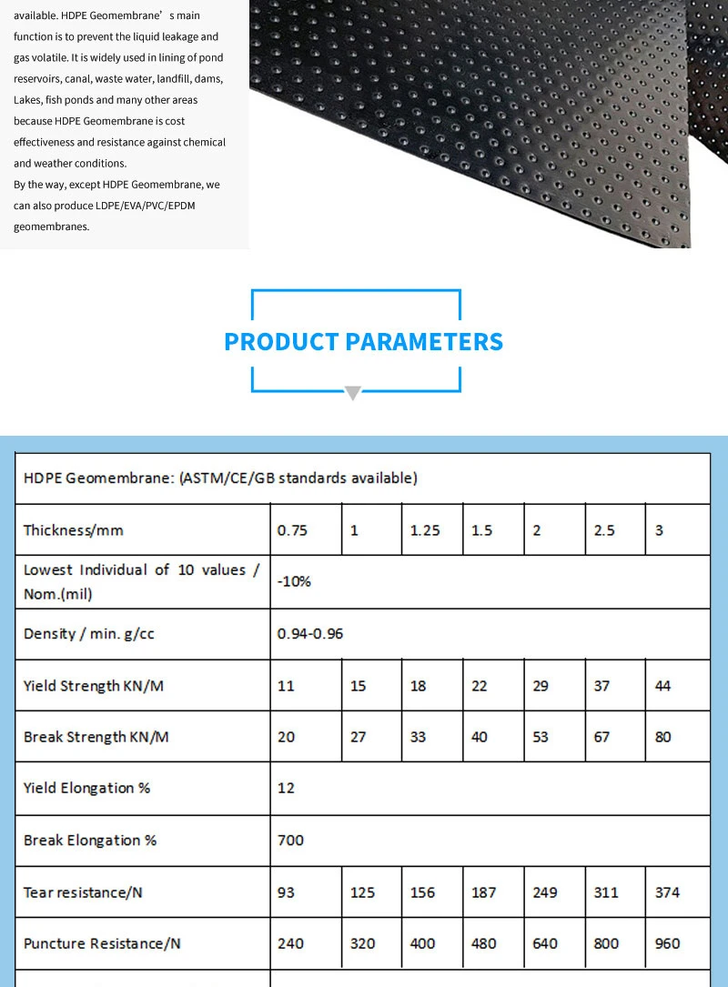 Thickness 1.0mm Anti-Seepage Impermeable Impervious Waterproof Dam Liner Single-Sided Textured HDPE Geomembrane