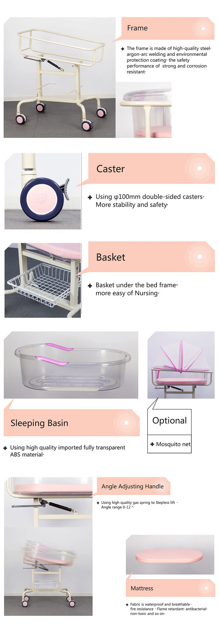 Bbc002A Hospital Furniture ABS Movable Nursing Infant Newborn Pediatric Baby Crib Bed with Locking Casters