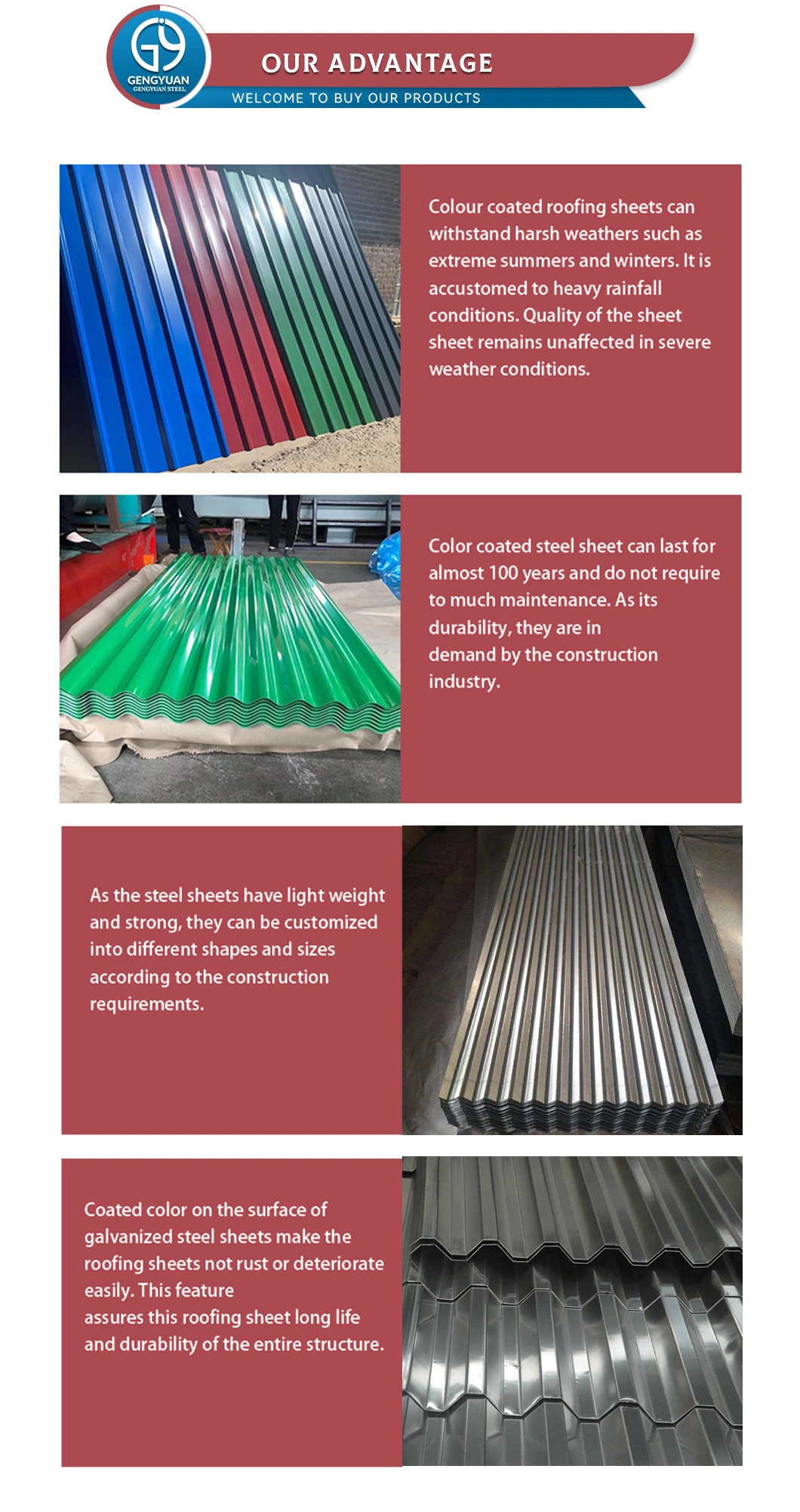 China Shandong Factory 0.3mm 0.4mm Building Material PPGI Color Coated Prepainted Steel Metal Roof Sheet Price Gi Galvanized Corrugated Sheet Roofing Sheet