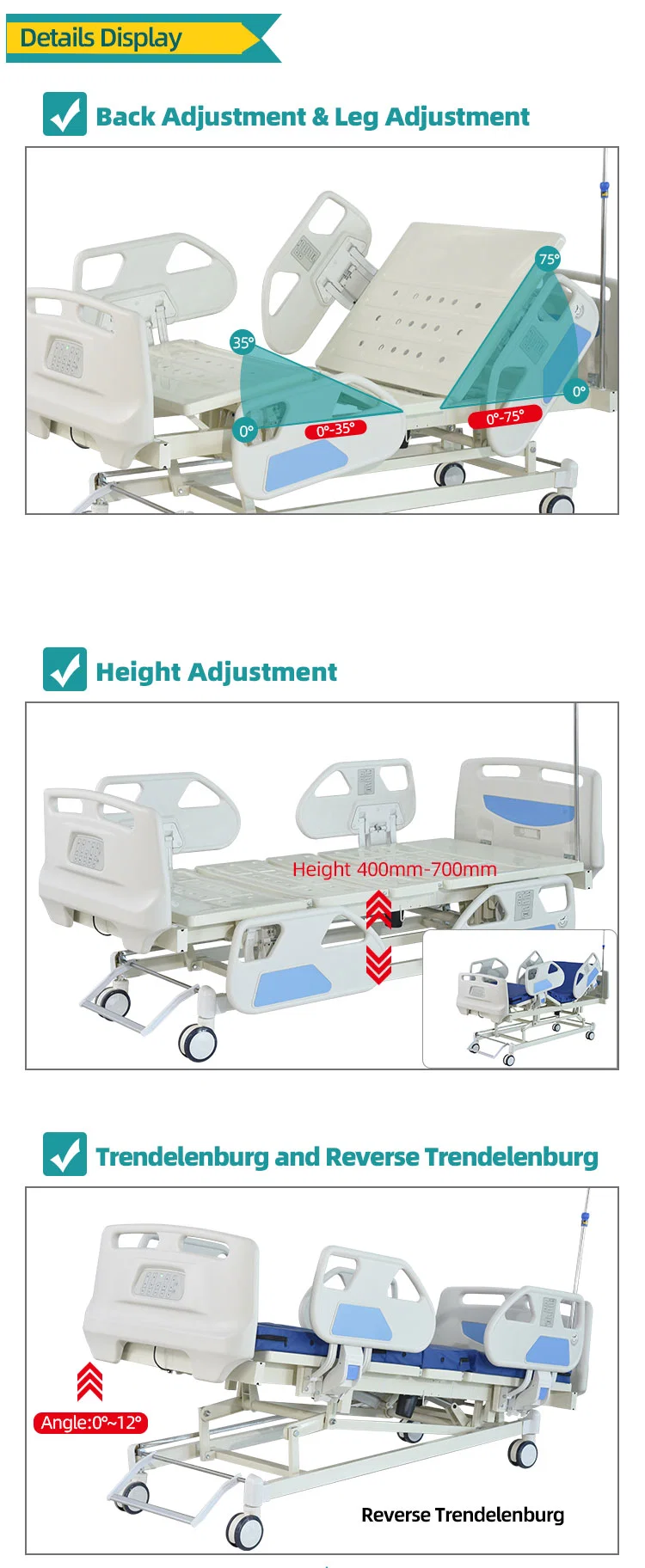 Multifunctional Electric Hospital Bed 5 Functions ICU Bed for Patient