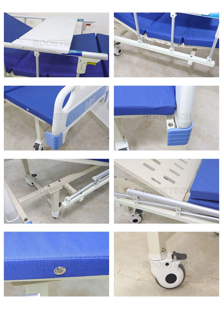 Large Hospital Furniture 2 Cranks Function Manual Hospital Bed with 6 Bar Aluminum Alloy Collapsible Side Rails