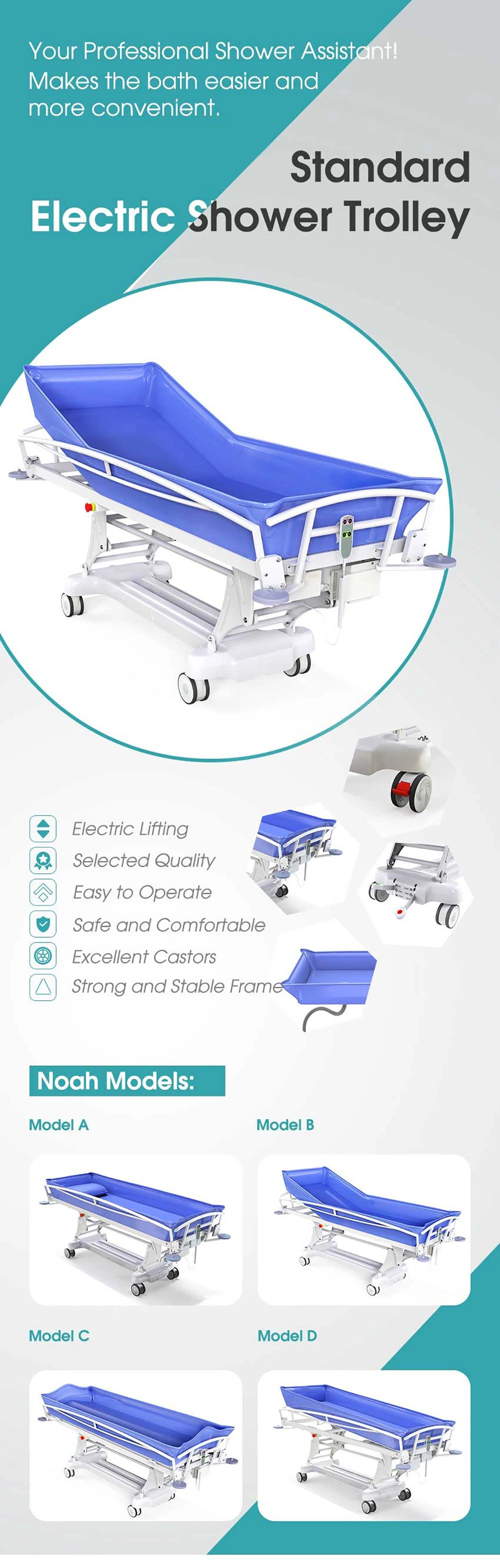 Icen Adjustable Hospital Patient Electric Shower Bath Trolley Bed for Adults