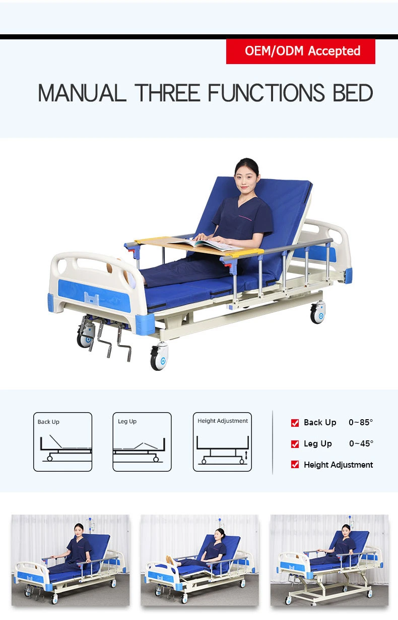 Manufacturer Hospital Bed Manual Hospital Bed 3 Crank Medical Bed with IV Pole Dining Table