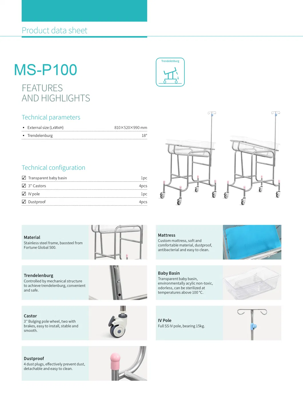 (MS-P100) Hospital Stainless Steel Baby Cot Infant Bed