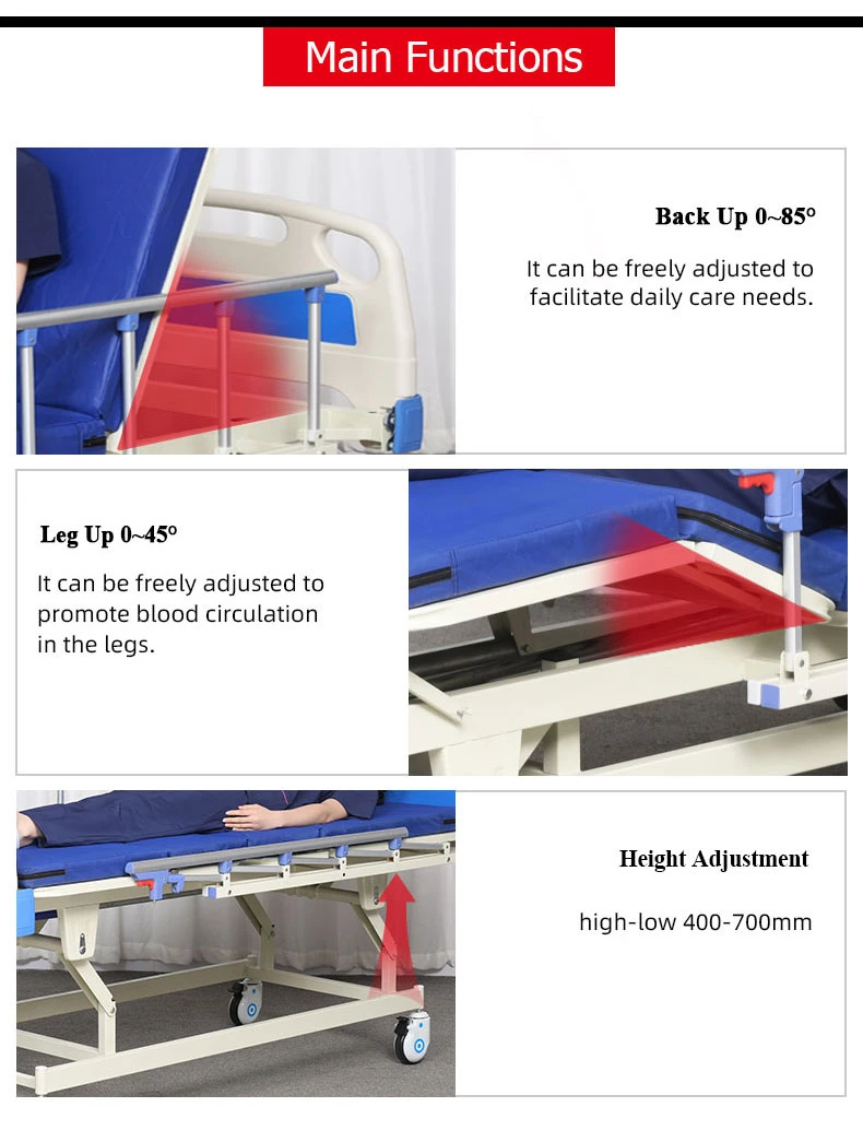 Manufacturer Hospital Bed Manual Hospital Bed 3 Crank Medical Bed with IV Pole Dining Table