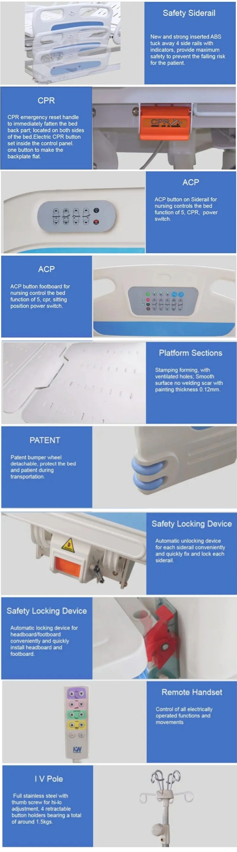 China Luxury Multifunction Adjustable Electric Five Function Hospital ICU Bed with Casters