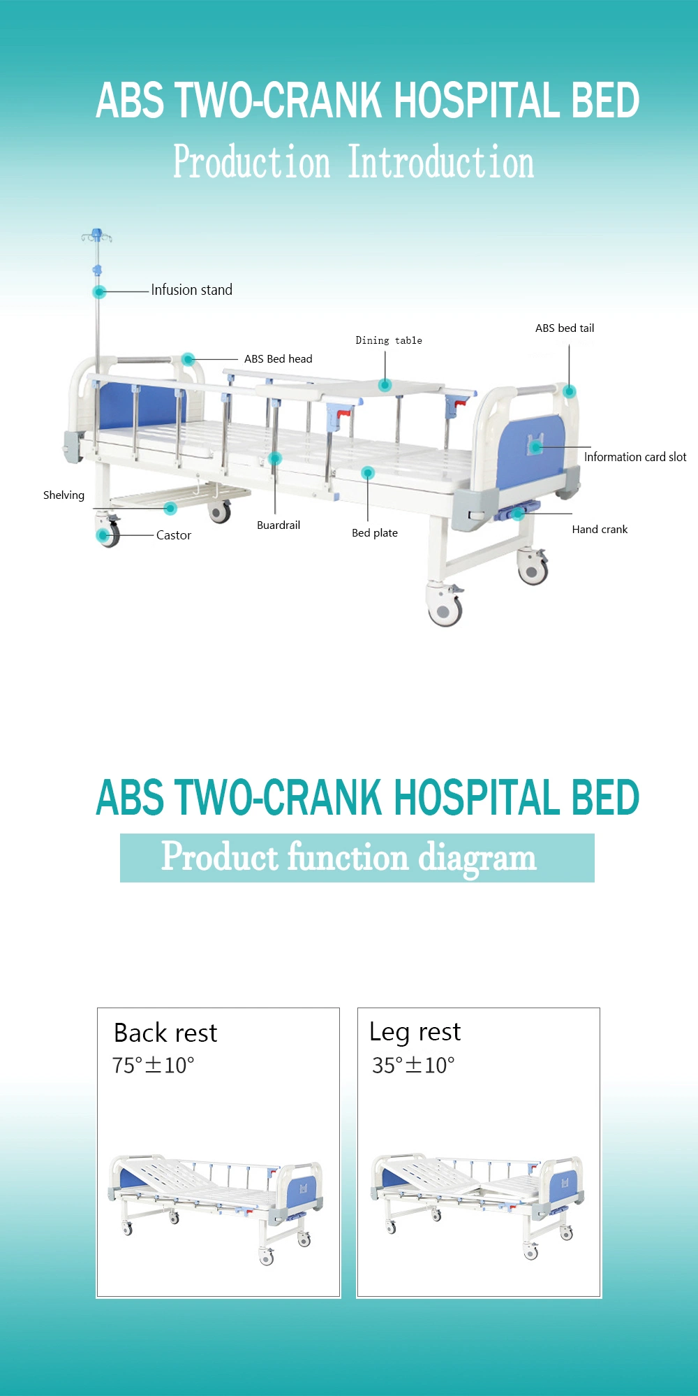 Hot Sale Manufacturer Manual Two Crank Two Function Hospital Bed Medical