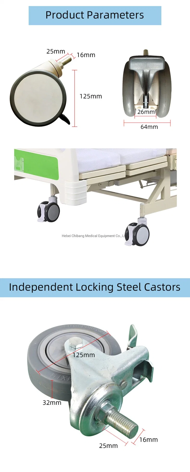 Large Load Capacity Hot Selling Model ABS Casters for Manual Hospital Bed