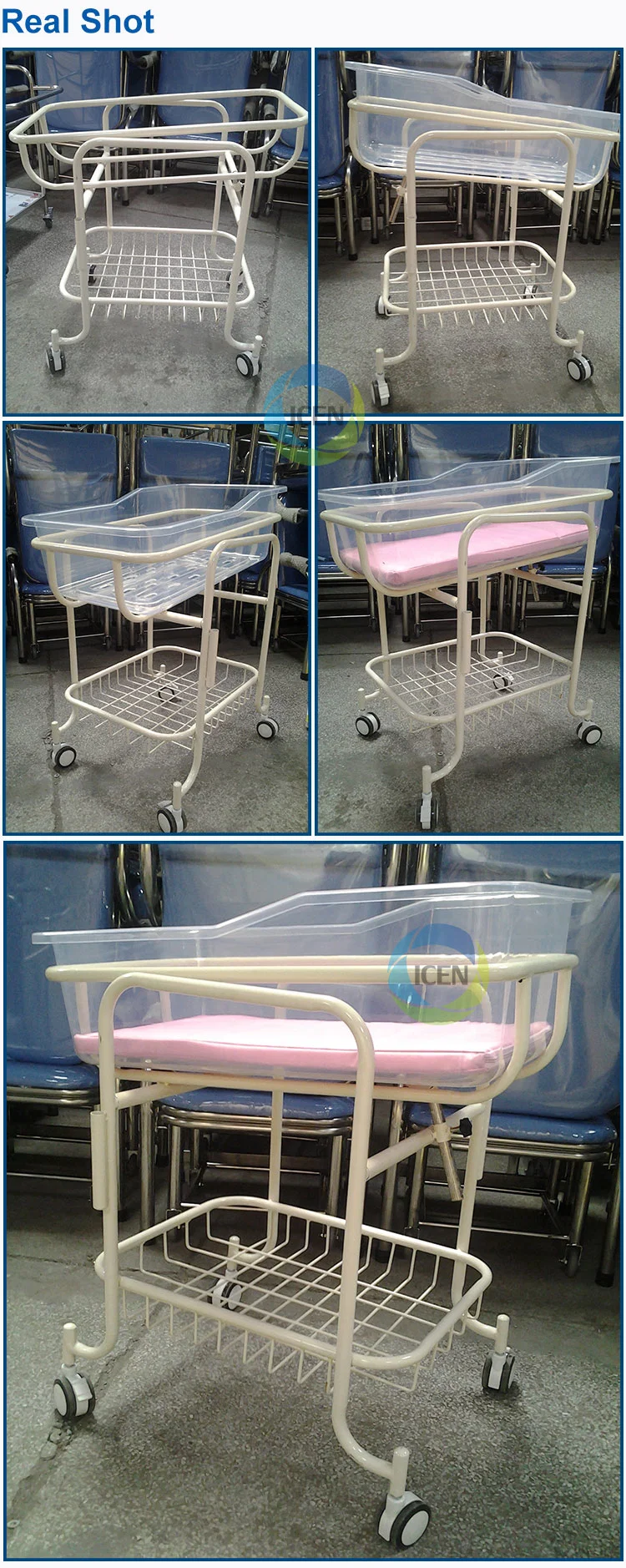 in-606 Hospital Height Adjustable Baby Cot Newborn Baby Trolley Medical Child Bed Portable Infant Bed