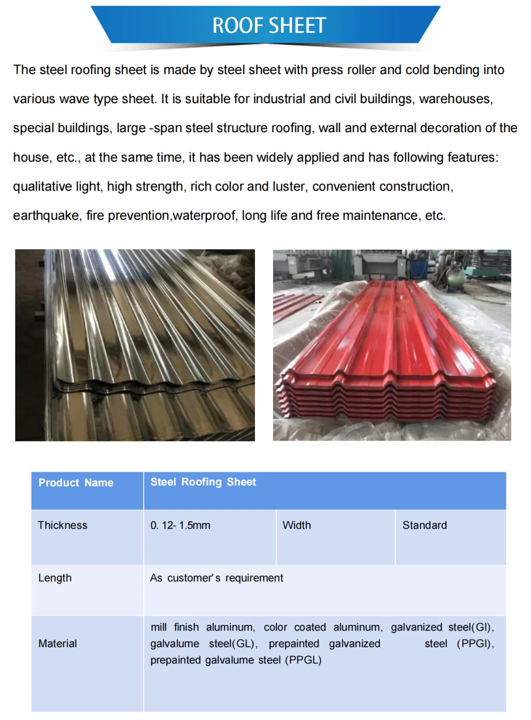 Building Material Corrugated PPGI/PPGL 0.12-1.5mm Galvanized Prepainted Steel Roofing Tile Sheet