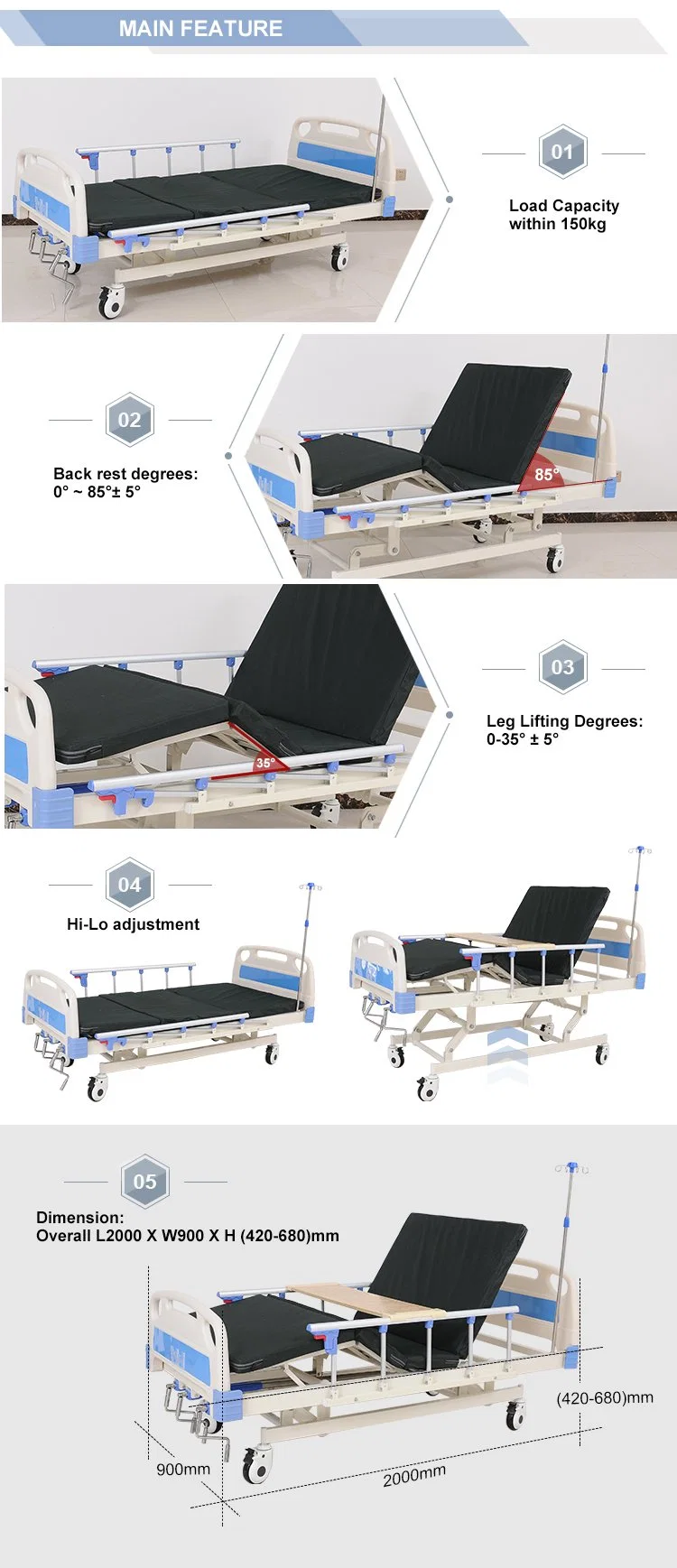 Cheap Price Three Function 3- Adjustable Medical Folding Manufacturer ICU Hospital Bed