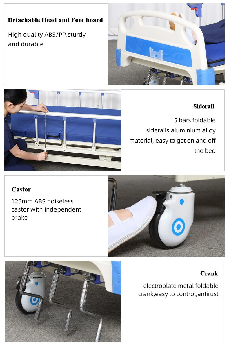 Manufacturer Hospital Bed Manual Hospital Bed 3 Crank Medical Bed with IV Pole Dining Table