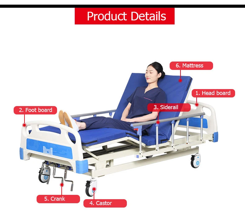 Manufacturer Hospital Bed Manual Hospital Bed 3 Crank Medical Bed with IV Pole Dining Table