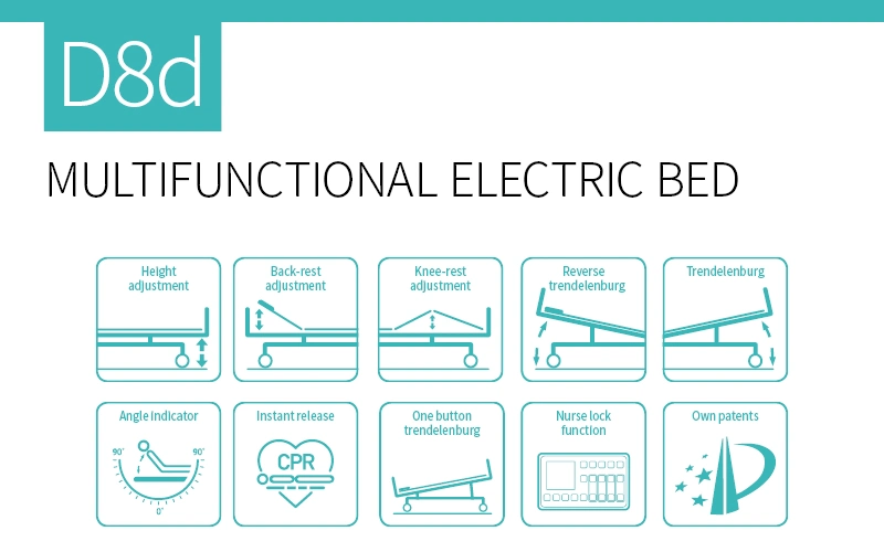 D8d Multifunction Adjustable Foldable Stainless Steel Medical Clinic Electric ICU Hospital Bed Manufacturers