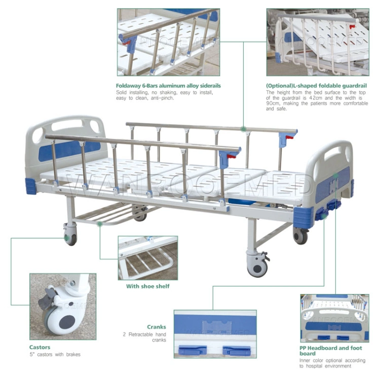 Large Hospital Furniture 2 Cranks Function Manual Hospital Bed with 6 Bar Aluminum Alloy Collapsible Side Rails