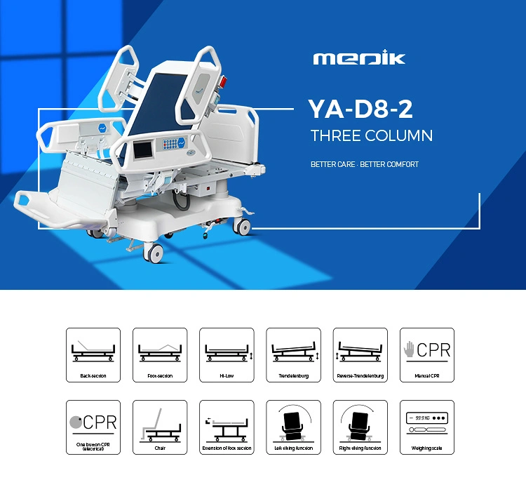 Ya-D8-2 China Large Manufacturer 8 Multi-Function Automatic Real Chair ICU Electrical Hospital Bed with CPR Function