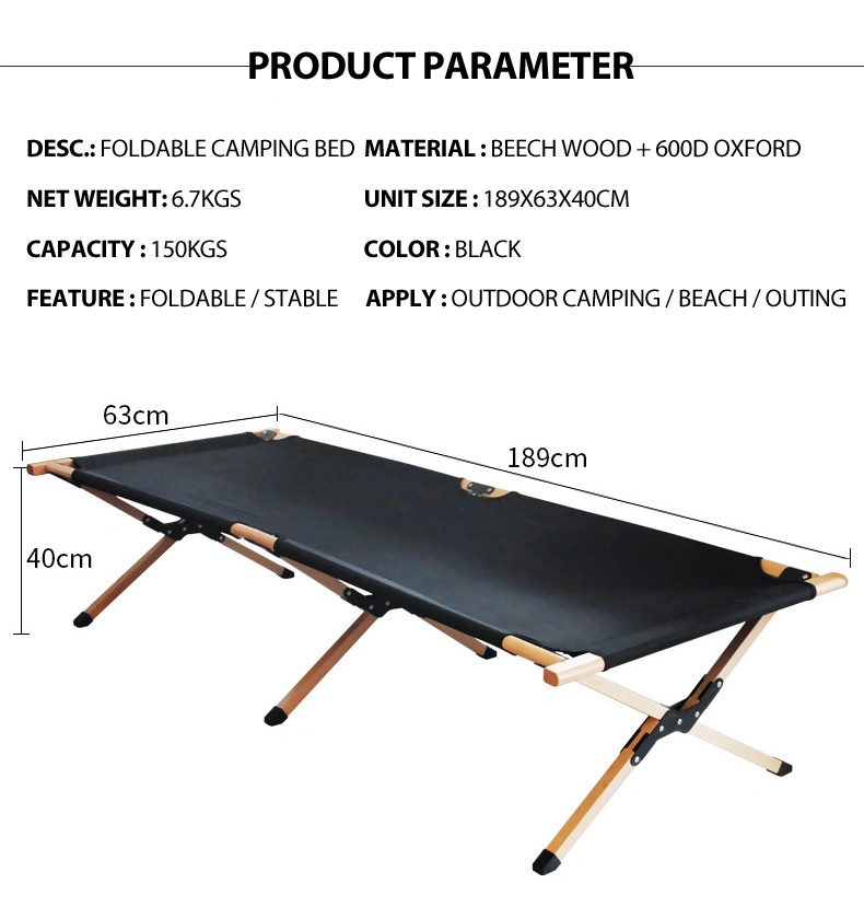 Younhuntes Outdoor Steel Metal Frame Portable Picnic Leisure Cot Wooden Folding Bed Wood Camping