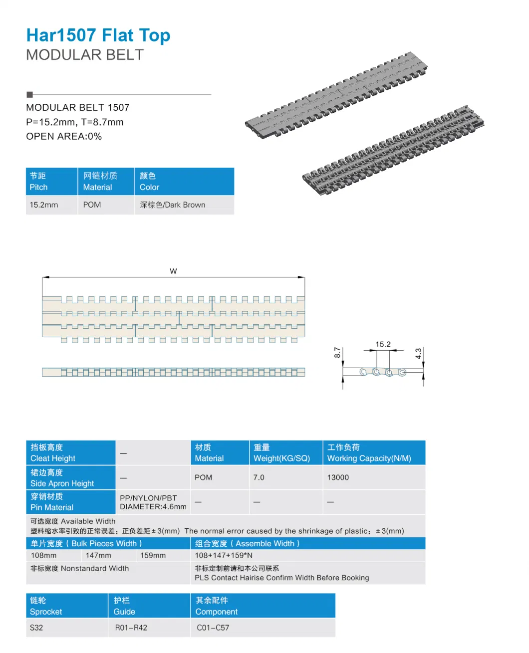 High Quality Har1507 Series Material POM/PP Flat Top Conveyor Belting Modular Belt Wtih FDA&amp; Gsg Certificate