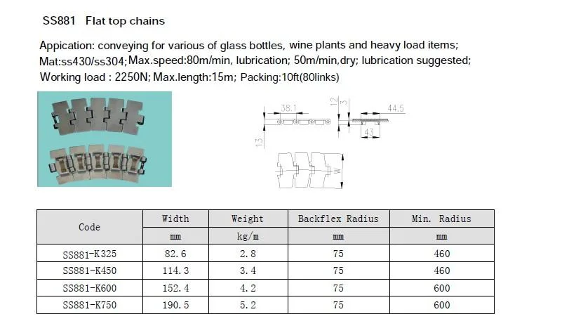 Side Flex Metal Flat Top Conveyor Chains Ss881tab-K450