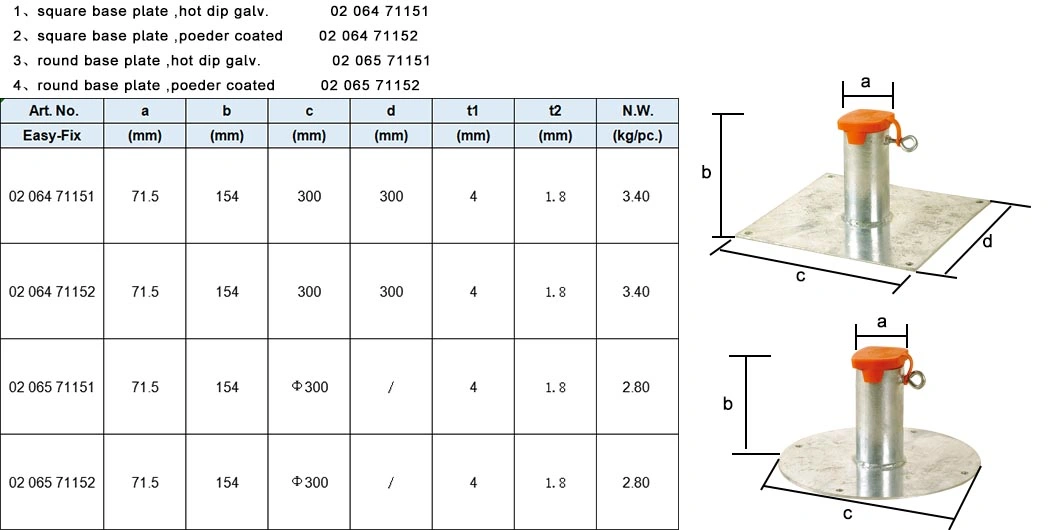 Hot DIP Galvanized or Powder Coated Round Post Support Base for Different Diameter