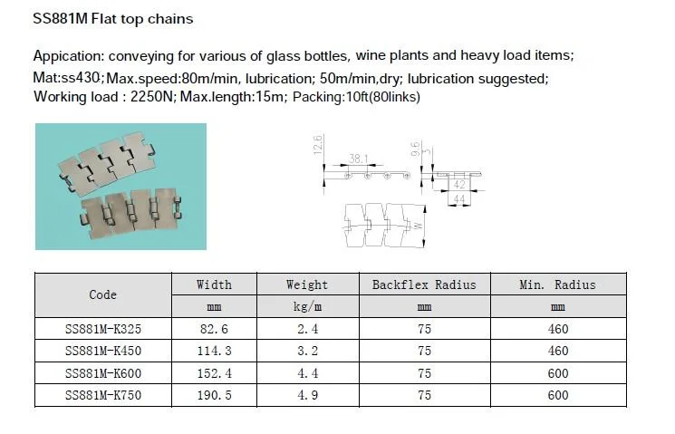 Side Flex Metal Flat Top Conveyor Chains Ss881tab-K450