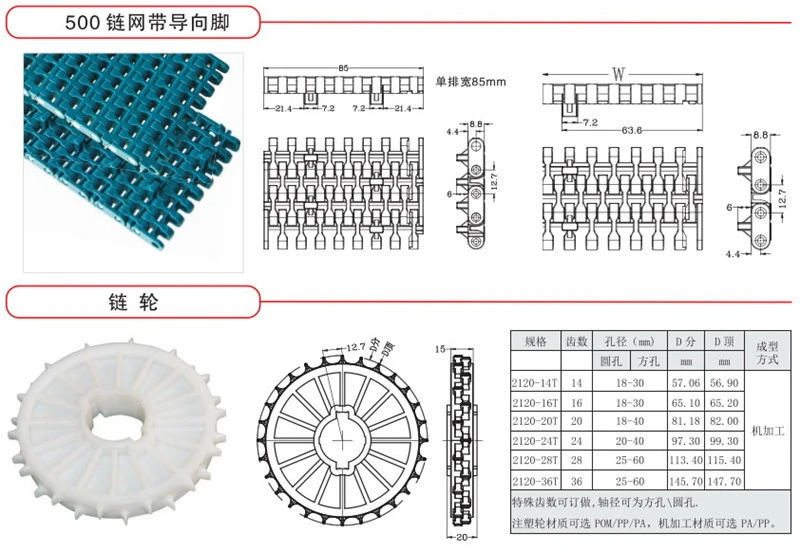 Plastic Miniature 500 Series Modular Conveyor Belt for Conveyor Packaging Machinery