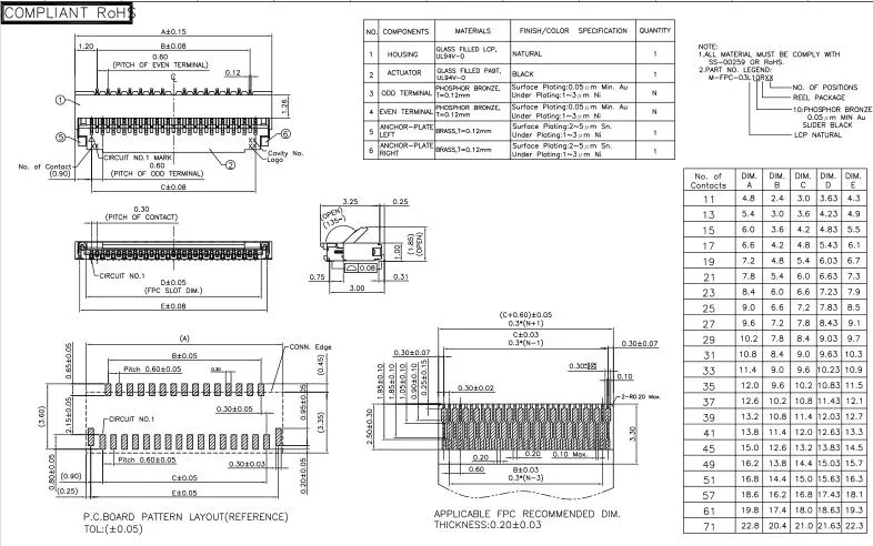 FPC Connector, High Quality, Operating Temperature: -40 to +80&deg; C