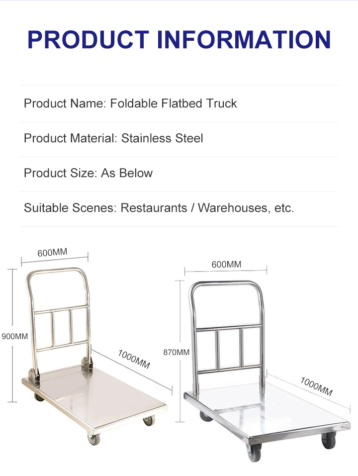 Good Price 4-Wheel 600*900mm Foldable Service Kitchen with Anti Corrosion Rust Proof Surface Stainless Steel Hand Carts