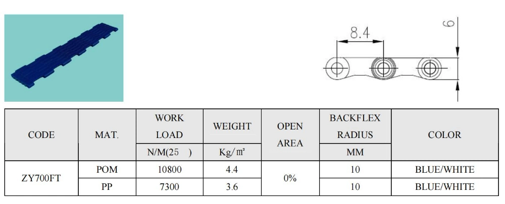 Flat Top Modular Belts Pitch 8.4mm Slat Top Conveyor Beltings FDA/ISO Standard