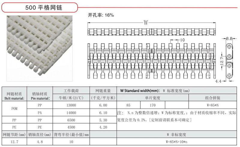 Plastic Miniature 500 Series Modular Conveyor Belt for Conveyor Packaging Machinery