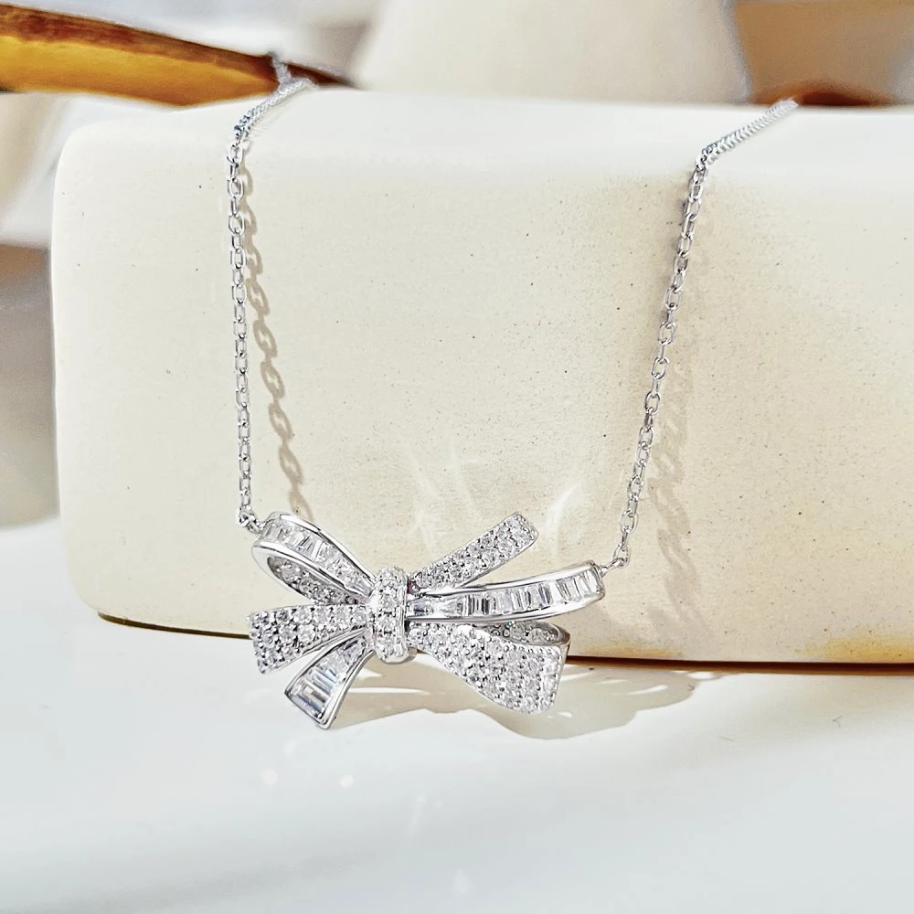 S925 Sterling Silver Bow Women&prime;s Miniature Inlaid Zircon Clavicle Chain