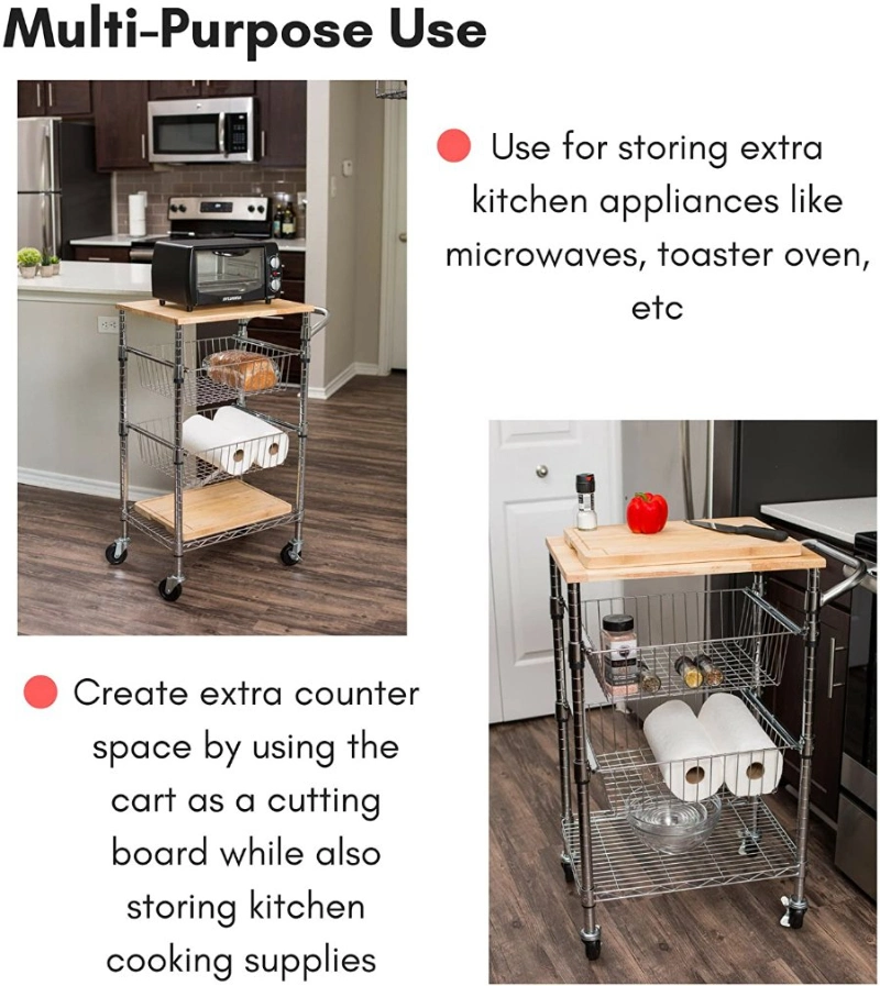 Chef Series Work Station Wire Basket Kitchen Trolley with Cutting Board Surface