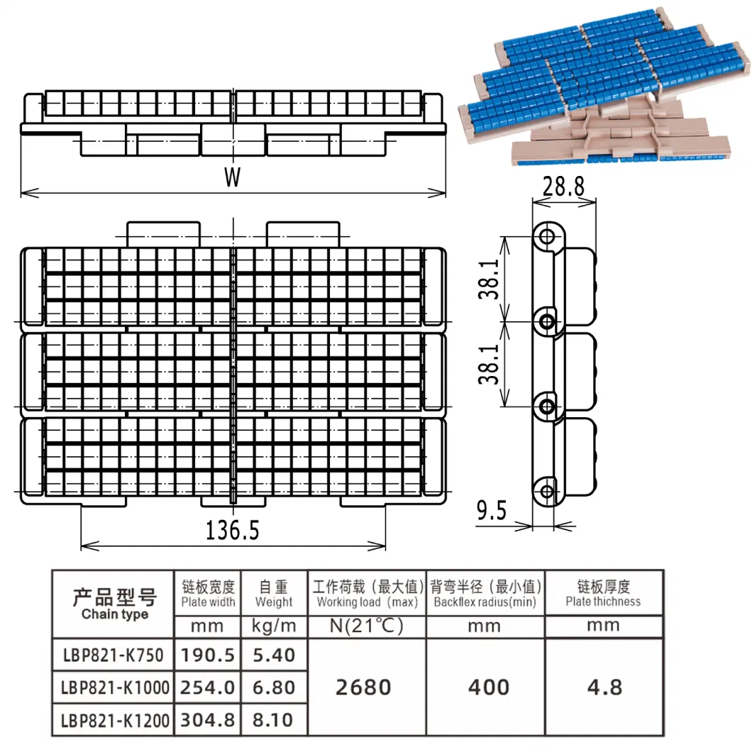 Haasbelts Belt Plastic Low Backline Pressure Conveyor Roller Chain