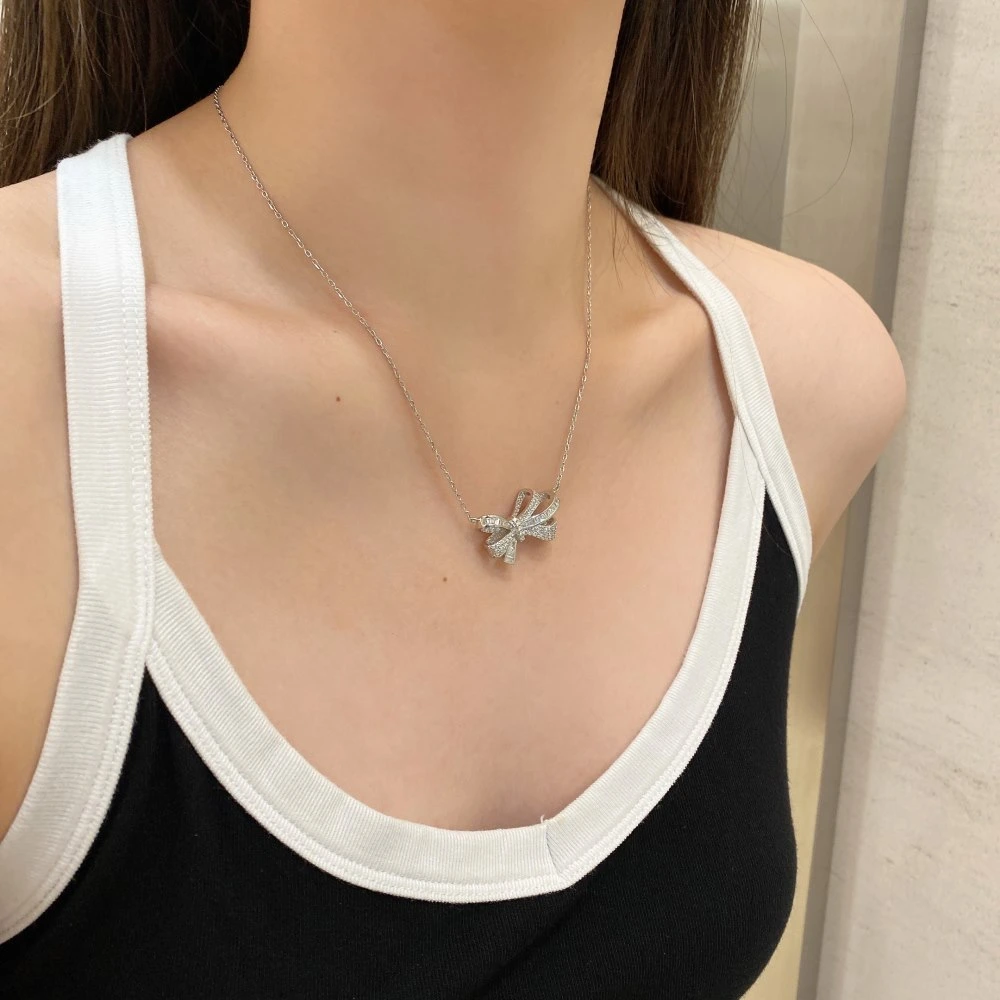S925 Sterling Silver Bow Women&prime;s Miniature Inlaid Zircon Clavicle Chain
