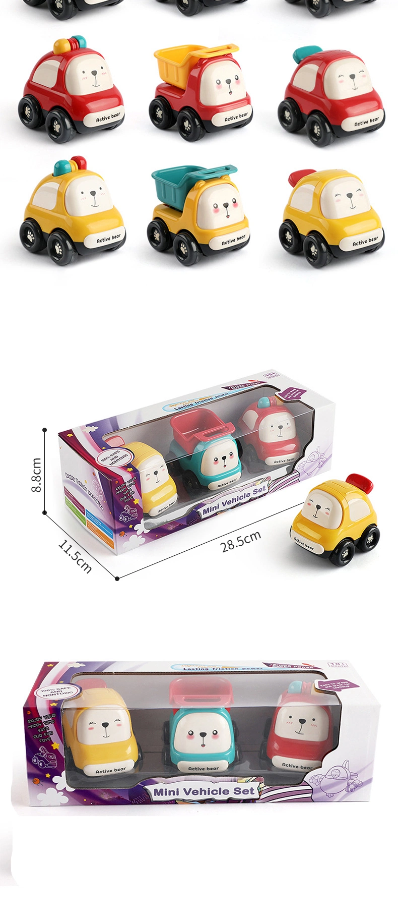 Baby Cute Cartoon Friction Powered Police Car/ Dump Truck/ Taxi Push and Go Mini Vehicle Set Plastic Inertia Car Toys for Kids