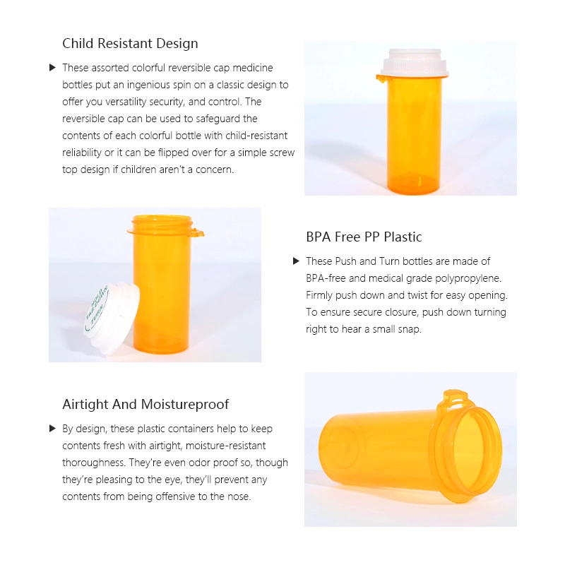 Smell Proof Plastic Hold Tab Down Bottle Capsule Pill Child Proof Packaging Prescription Medicine Reversible Cap Vials